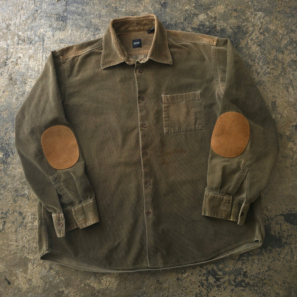 Vintage 2000s HUGO BOSS Green Corduroy Shirt XXL Elbow Patches